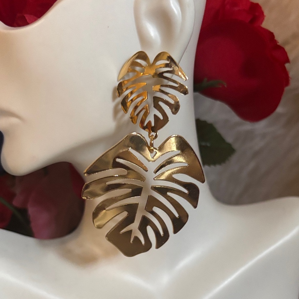 Tropical Gold Leaf Statement Earrings - image 1